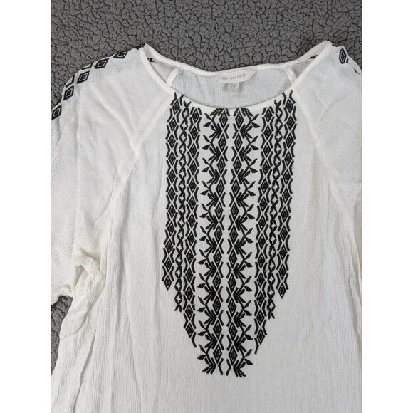 Garnet Hill Womens Size Large Blouse White Geometric 3/4 Sleeve Embroidered - Picture 3 of 8